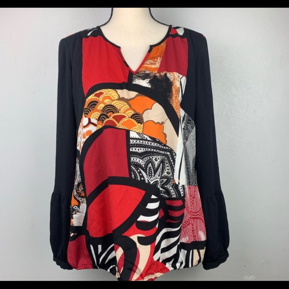 Chico’s 2 Black Red Printed Long Sleeve Blouse